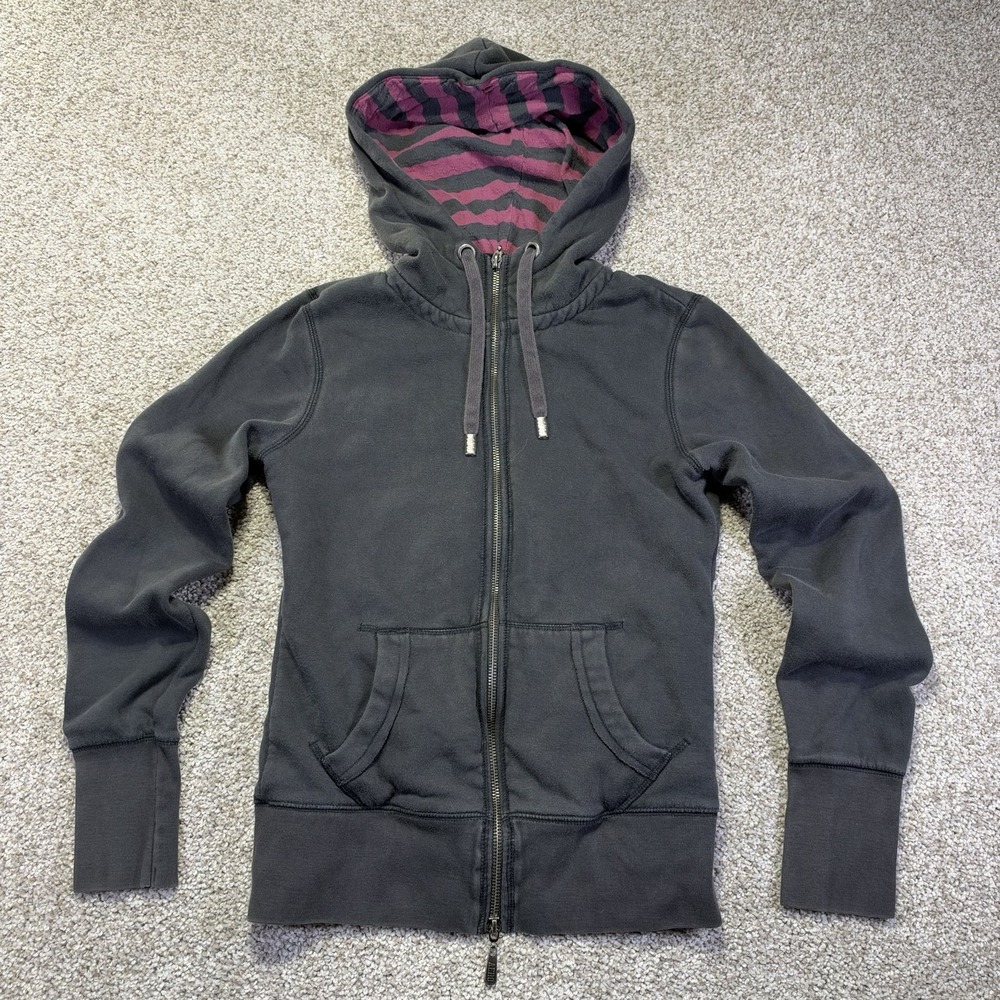 Aeropostale Y2K Zip Up Hoodie Womens Small Gray Pink Striped Lined Grunge Emo